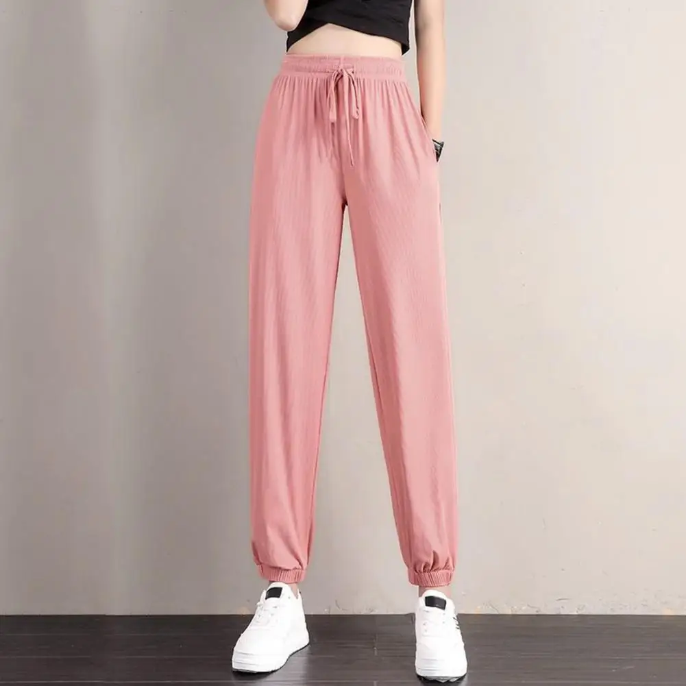 

Loose Fit Pants Women's Wide-leg Pants Elastic Waist Solid Color Ice Silk Fabric Comfy Summer Sweatpants for Everyday Commuting