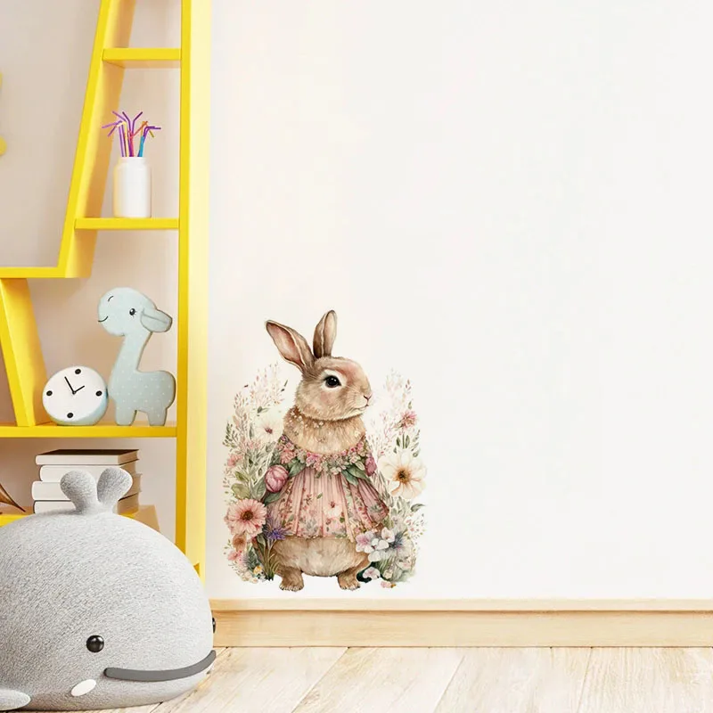 C404#Girl Bunny Flowers Wall Sticker Kids Room Background Home Decoration Mural Living Room Wallpaper Funny Decal
