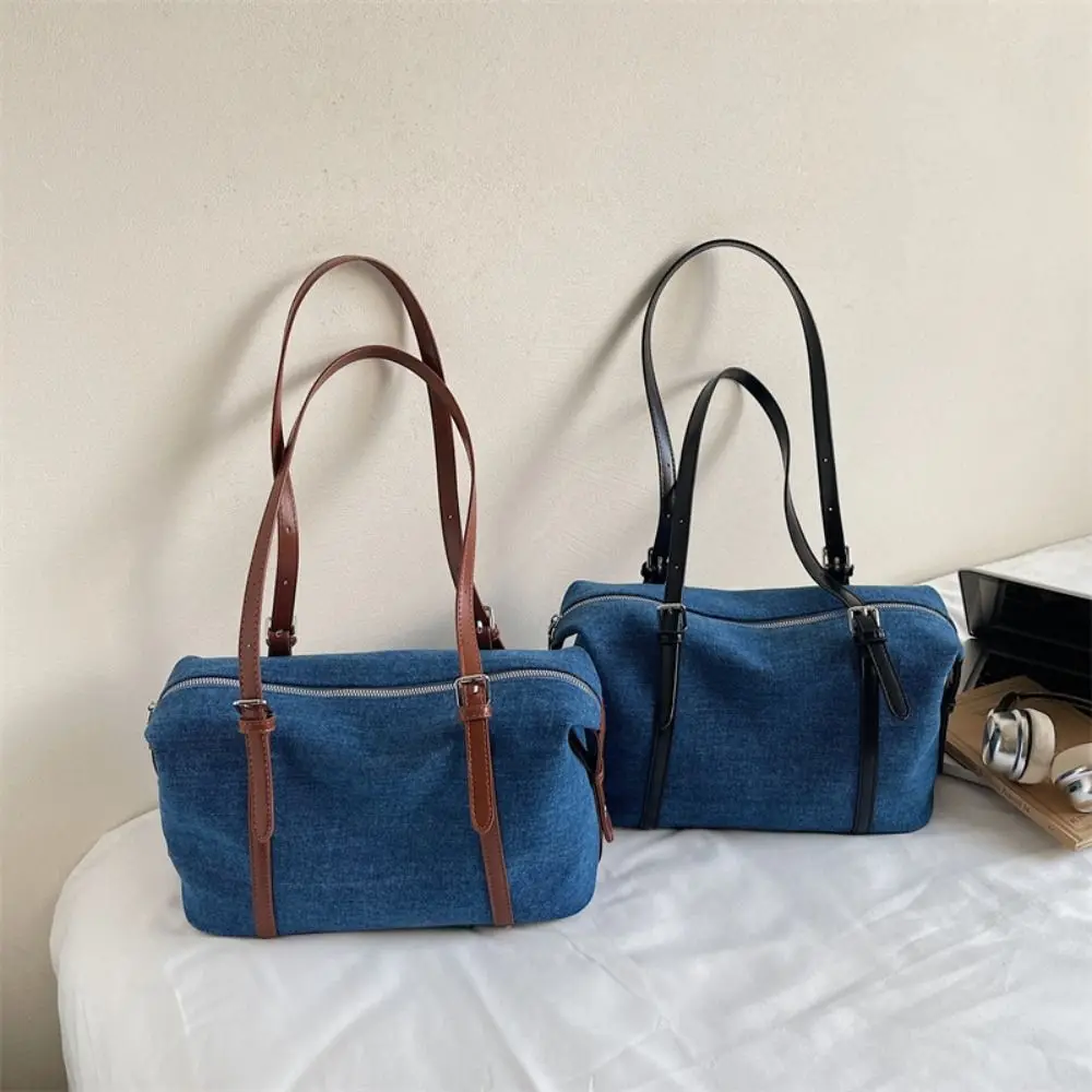 

Sweet Korean Style Denim Tote Bag Tote Bag Solid Color Large Capacity Handbag Large Capacity PU Leather Underarm Packs Outdoor