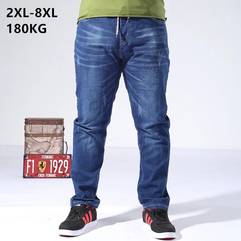 

Summer Jeans Men 6XL 7XL 8XL 180KG Thin Trousers Male Scratched Plus Size Stretched Straight Loose Lightweight Denim Ripped Pant