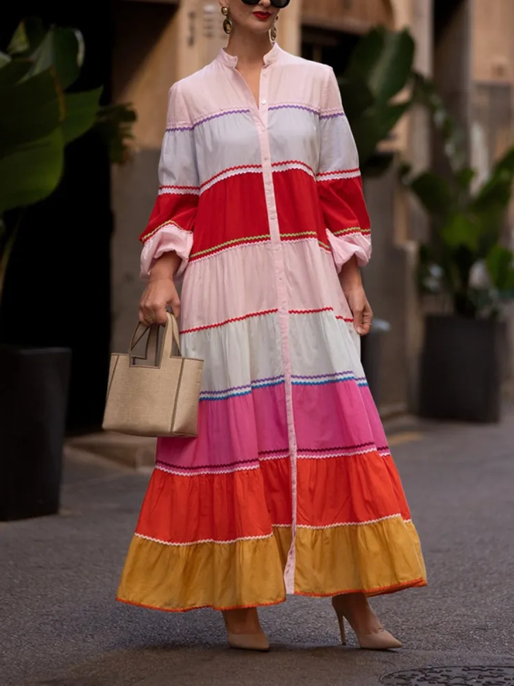 Yeezzi 2025 New Women's Colorful Striped Stand Collar Shirts Dress Puff Sleeves Wave Trim Elegant Party Evening Maxi Dresses