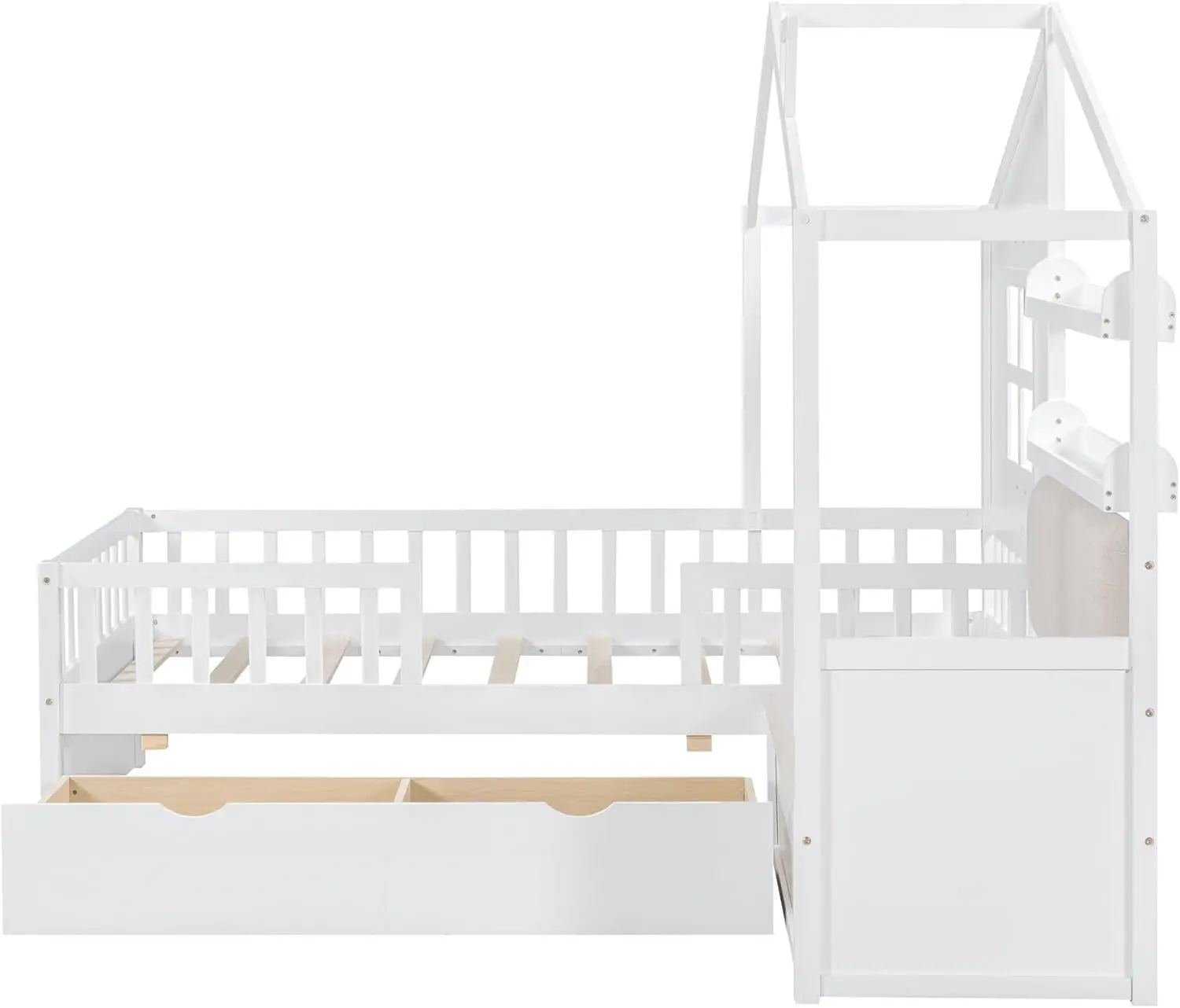 Penifun-Lit plateforme en bois moderne avec canapé, dormeur à toit triangulaire, lit de jour double avec 2 étagères de rangement