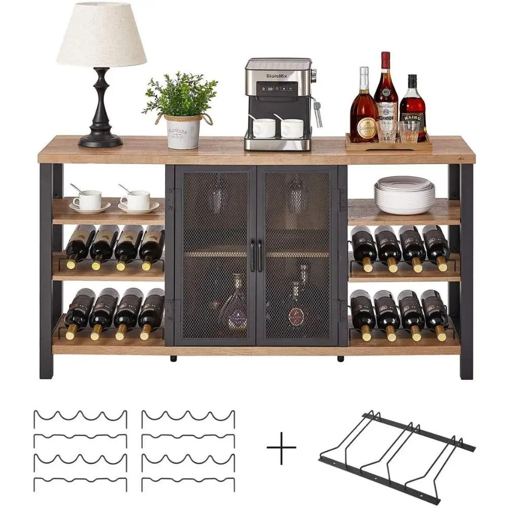 Industrial Wine Bar Cabinet for Liquor and Glasses, Farmhouse Wood Coffee Cabinet with Wine Rack, Metal Sideboard and Buffet