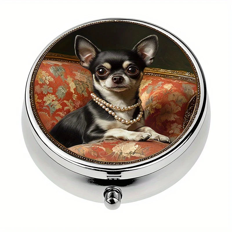 1 Piece Three-Compartment Vintage Elegant Chihuahua Portrait Pill Box, Mini Pill Case, Pill Organizer, Unique Travel Gift