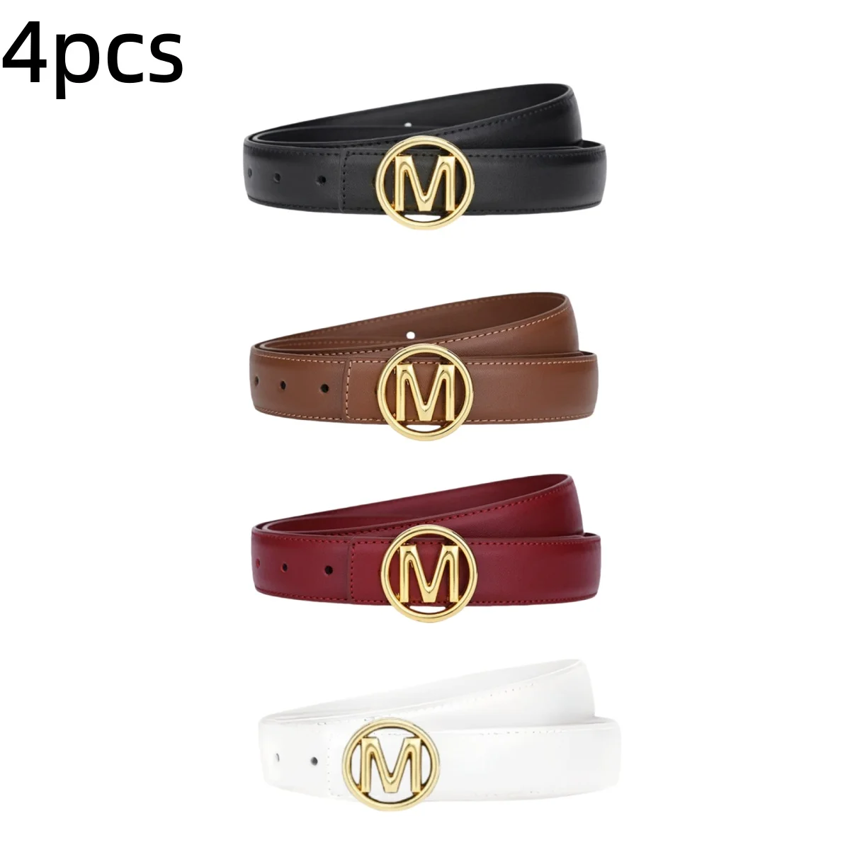 4Pcs Female Stylish PU Belt Vintage Circular M‑Logo Metal Buckle Waistband Multi‑Color For Daily Clothing Jeans Dress Decor