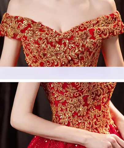 New Sparkling Gilded Red Glitter One Shoulder Bridal Wedding Toast Evening Dress Fashion Stage Performance Big Pendant Dress