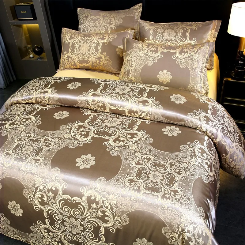 Double Queen Damask Jacquard Satin Duvet Cover 4Pcs Luxury Silk Like Bedding Comforter Cover with Zipper 1Bed Sheet 2Pillowcases