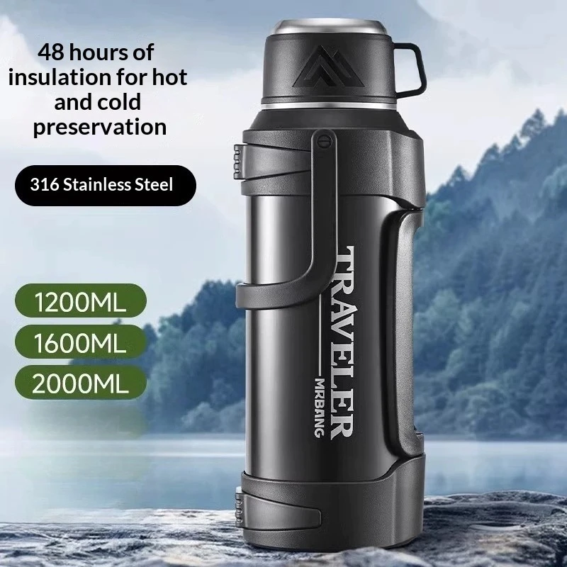 Botella de agua al vacío de gran capacidad, 1L, doble pared, aislada, acero inoxidable 316 con asa, a prueba de fugas para coche y oficina