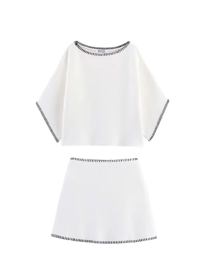 

HH Women Solid Skirt Suit Chic O-Neck Short Sleeve Knitted Contrast Embroidery Pullover Top+Summer Fashion Slim Short Skirt