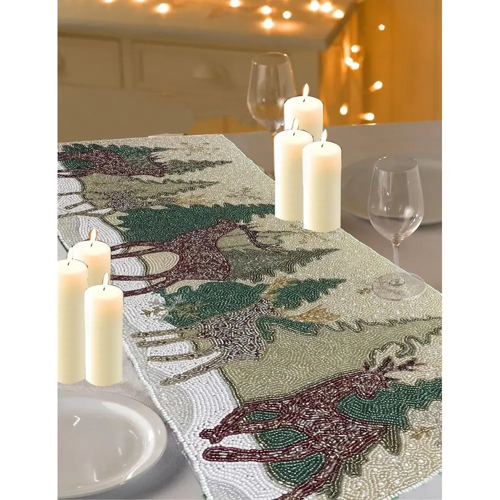 

Winter Wonderland 36 Table Runner with Beaded Snow, Reindeer & Rudolph in Red, Green, Beige, White