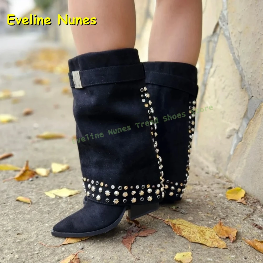 

Ботинки в стиле ретро с заклепками и пряжкой на ремне, 2025 г., круглый носок, массивные каблуки, плиссированные лоскутные женские сапоги до колена, винтажные ботинки в складку