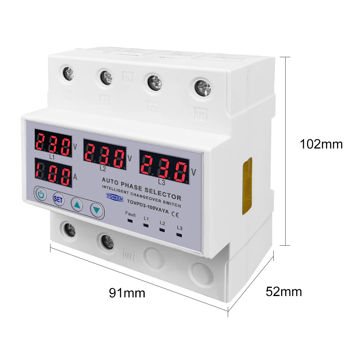 100A TOMZN 3 phase 3P+N Din rail phase selector adjustable Over and Under Voltage current protection Monitor Relays Protector