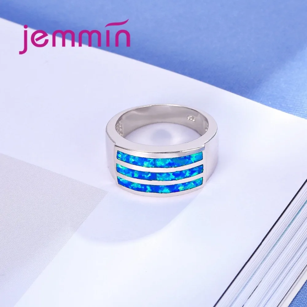 New Arrival Three Bars of Blue Opal Crystal 925 Sterling Silver Ring Rectangle Design Women Wide Band Bijoux