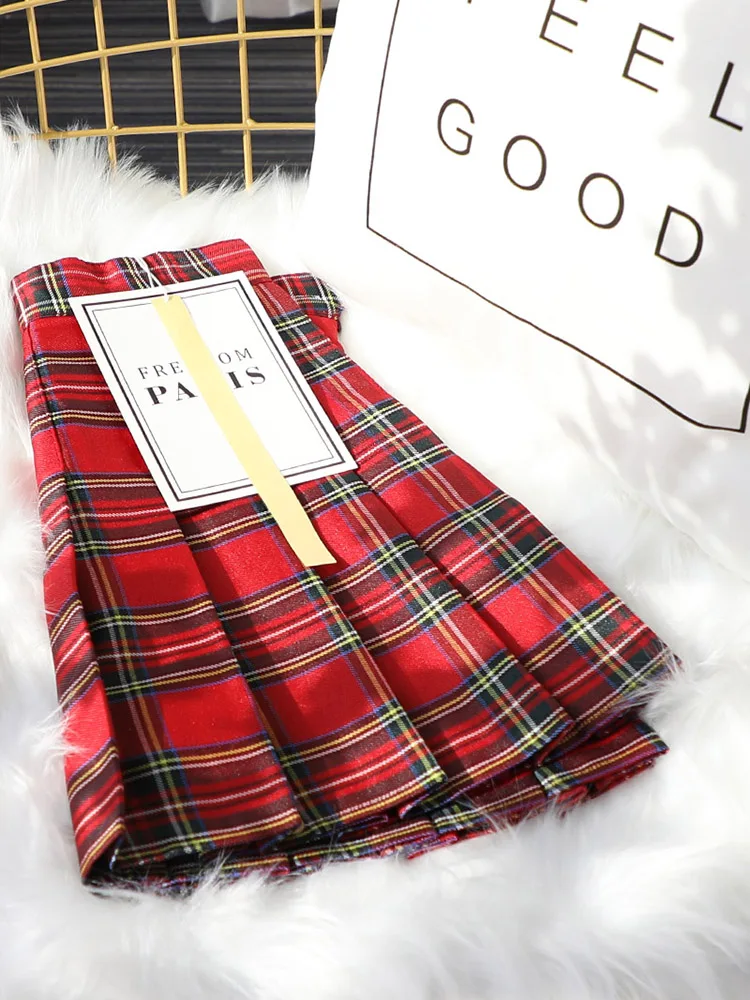 

Юбка трапециевидной формы в клетку с высокой талией, женская весна-осень-лето, плиссированная юбка для кампуса, красная утягивающая школьная юбка