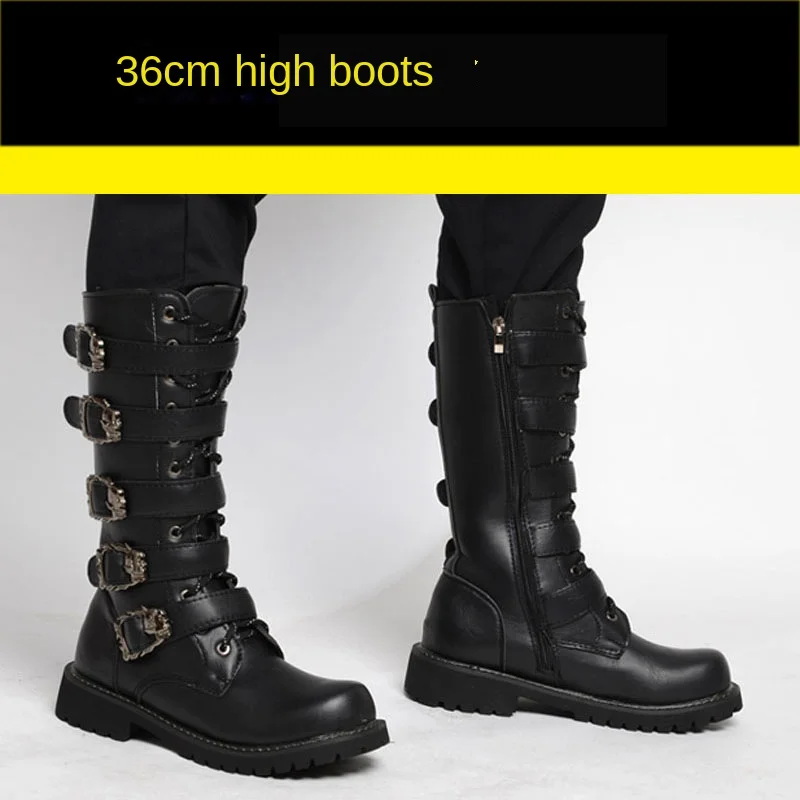 Men's Large Size 37-46 Boots Trendy Plus Fleece Warm Motorcycle Boots Men's Leather Boots High Tube Riding Shoes