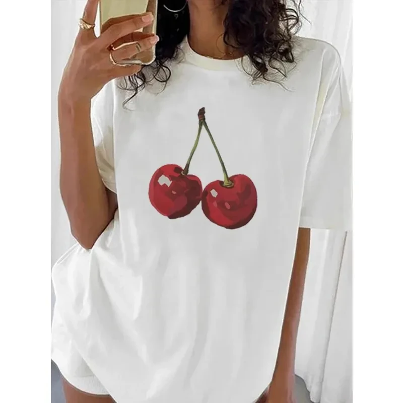 Cherry Fashion Graphic Printed Cotton T-shirt Fruit Harajuku Large Slim Cherry Women's T-shirt Summer Breathable Short-sleeved