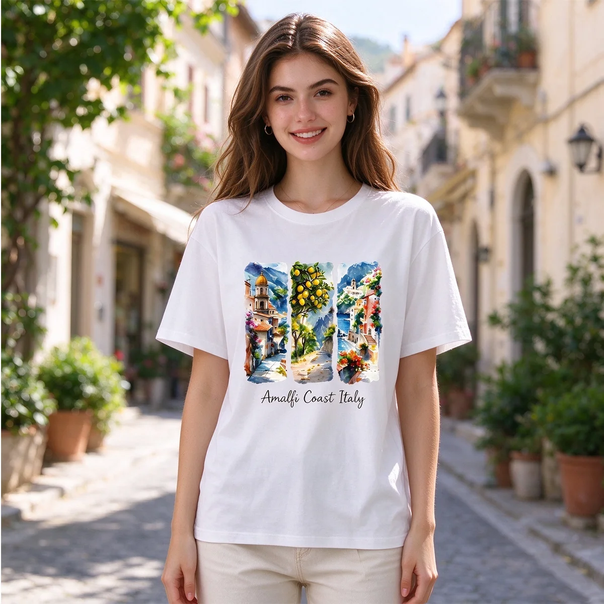 Women Casual Short Sleeve T Shirt Amalfi Coast Italy Watercolor Town Landscape Graphic Tee Vacation Scenery Print Soft Cotton