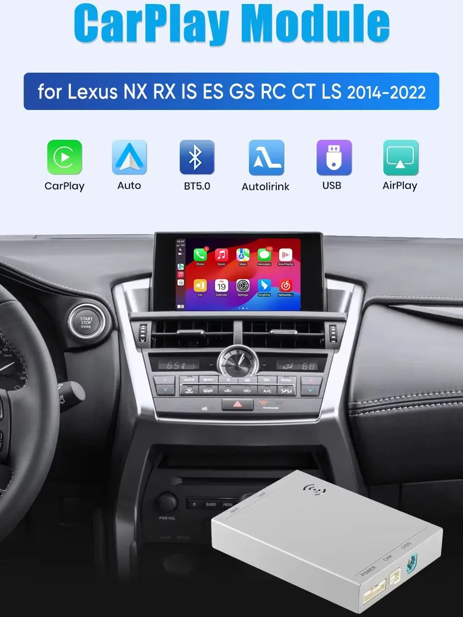 Bezprzewodowy moduł dekodera Junsun CarPlay Android Auto do Lexus NX RX IS ES GS RC CT LS 2014-2019 z Bluetooth, Mirror Link, AirPlay i interfejsem HDMI — 2
