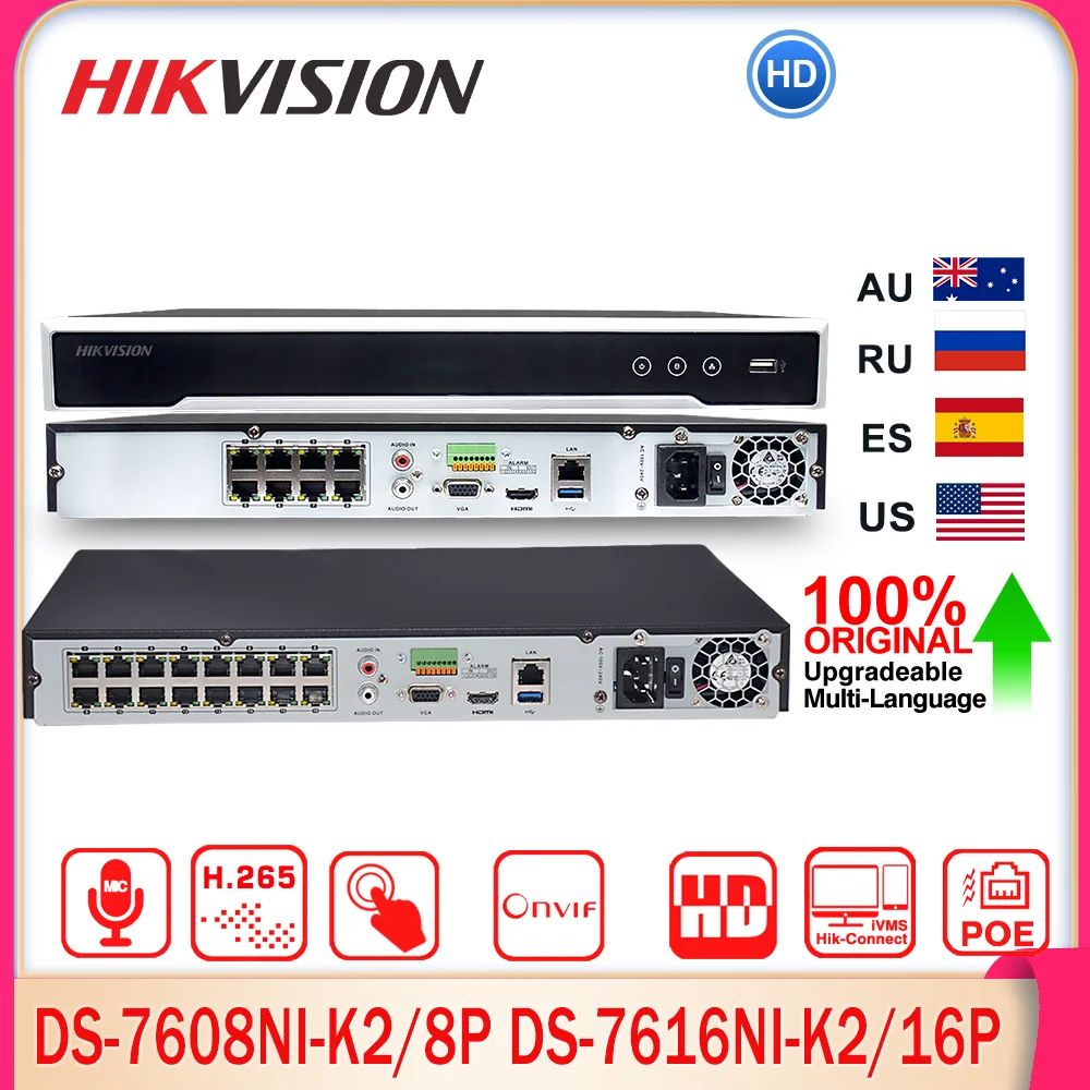 Hikvision Network Video Recorder DS-7608NI-K2/8P DS-7616NI-K2/16P 4K 8/16CH PoE NVR 8MP 4K 2SATA H.265 for Security Surveillance