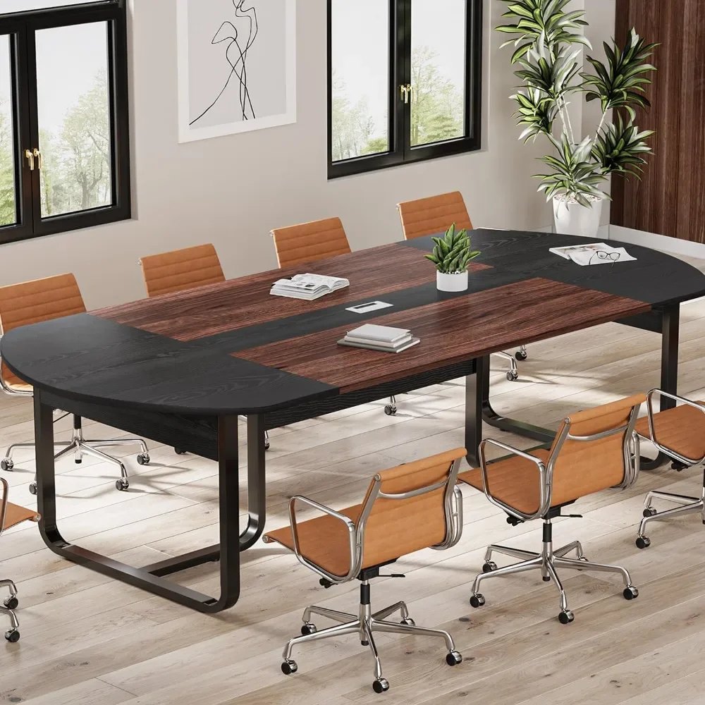 8FT Conference Room Table, Curved Meeting Table for Office with Rectangle Grommet, Modern Boardroom Table