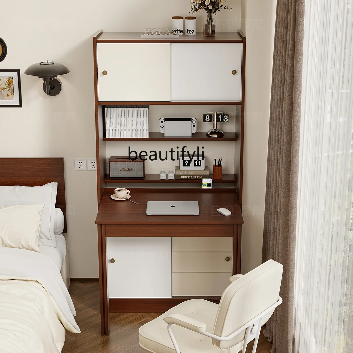 

Retro computer desk bookcase combination sliding door storage cabinet retractable desk with bookshelf