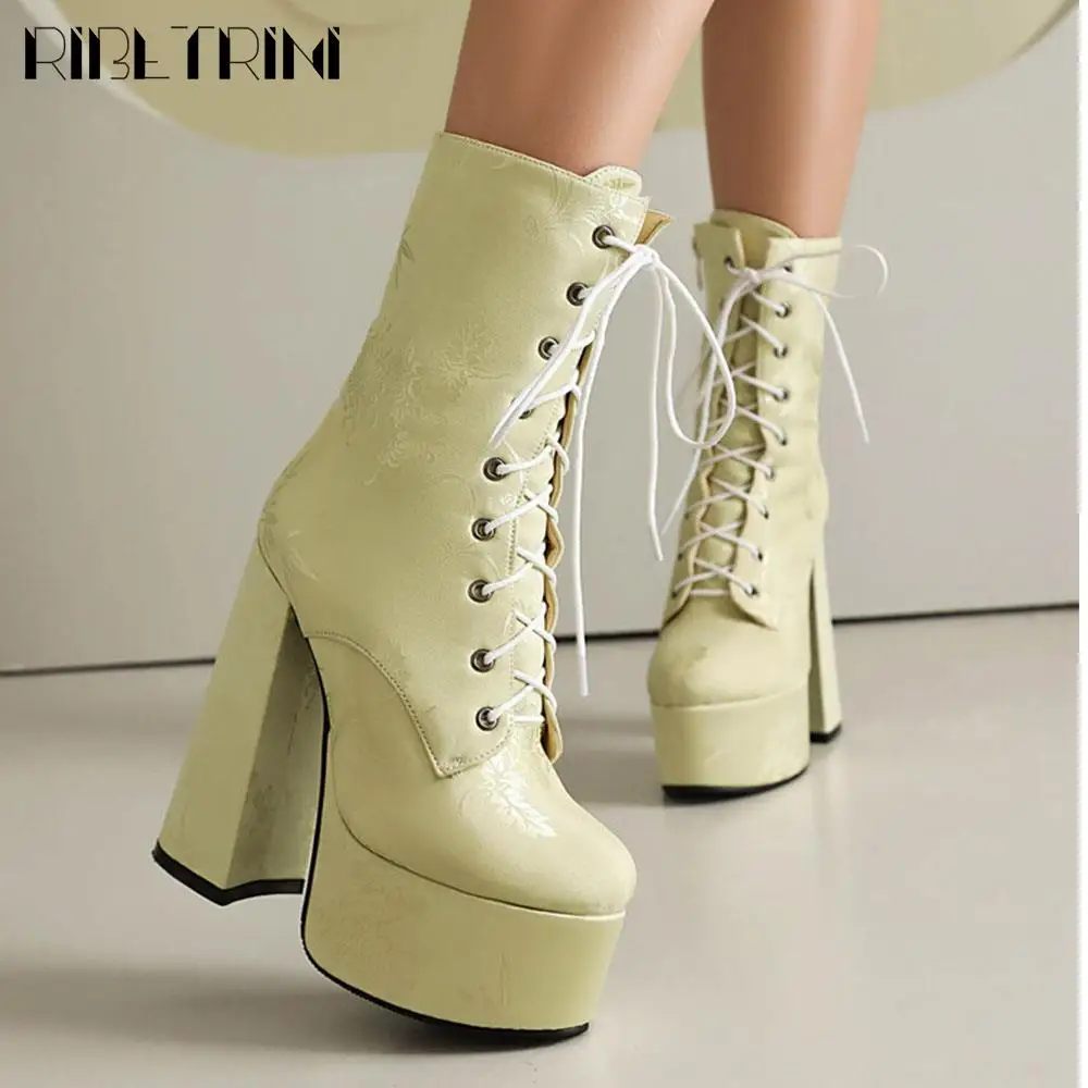 2024 New Winter Women Ankle Boots Chunky High Heels Lace Up Zip Platform Shoes Luxury Elegant Fashion Design Boots For Woman