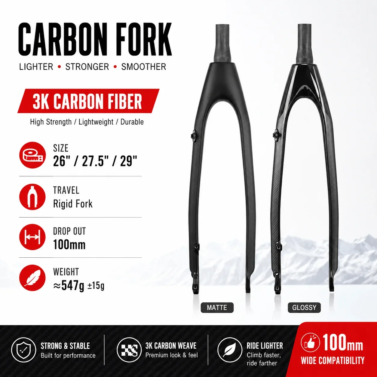 

Unbranded Full Carbon Mountain Bike Rigid Fork Tapered Tube Disc Brake 26/27.5/29 Inch Mountain Bike Front Fork with 28.6mm Head