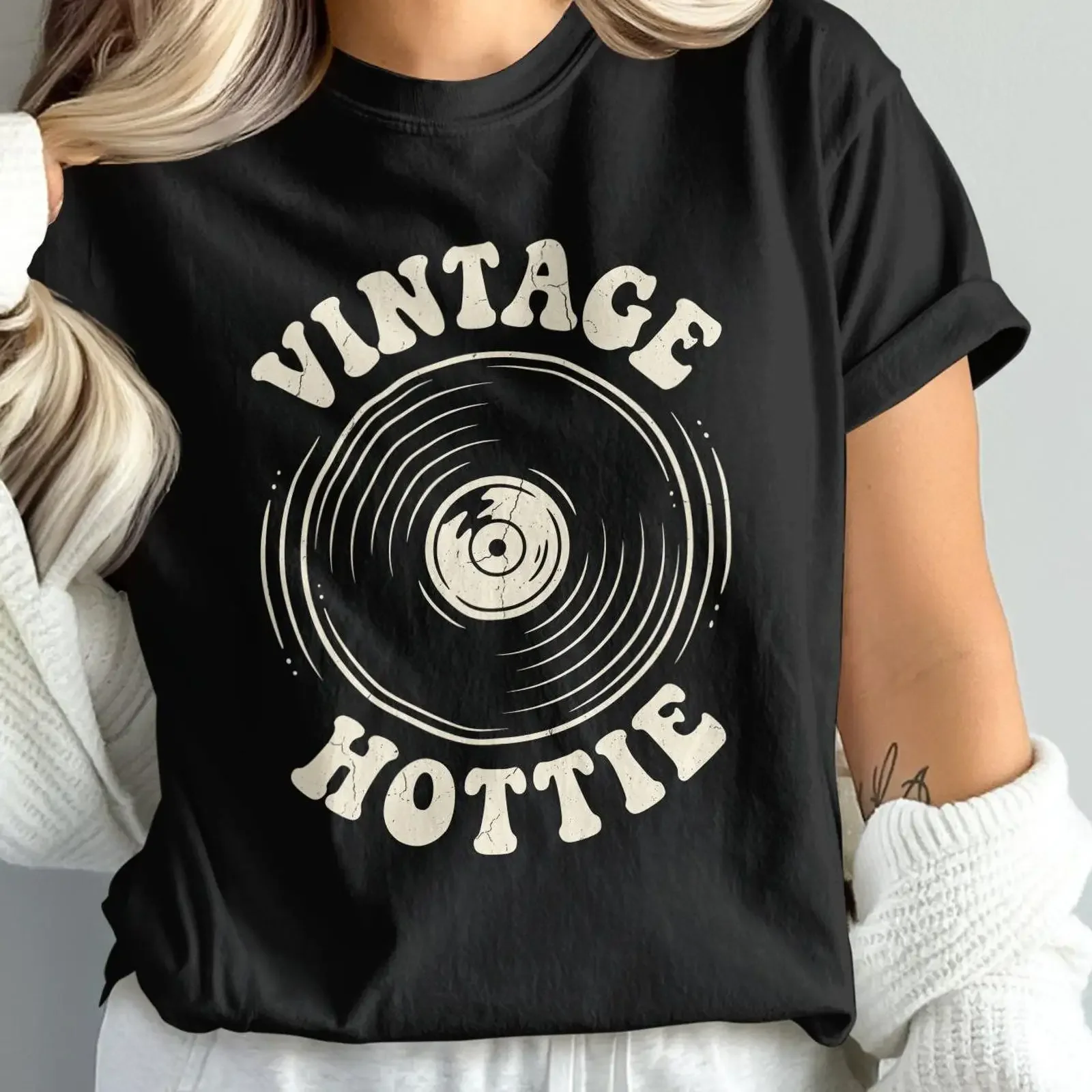 Retro Vinyl Record Linocut ArT T Shirt Minimalist Analog Music vintage Washed Stretched designer clothes Versatile fashion