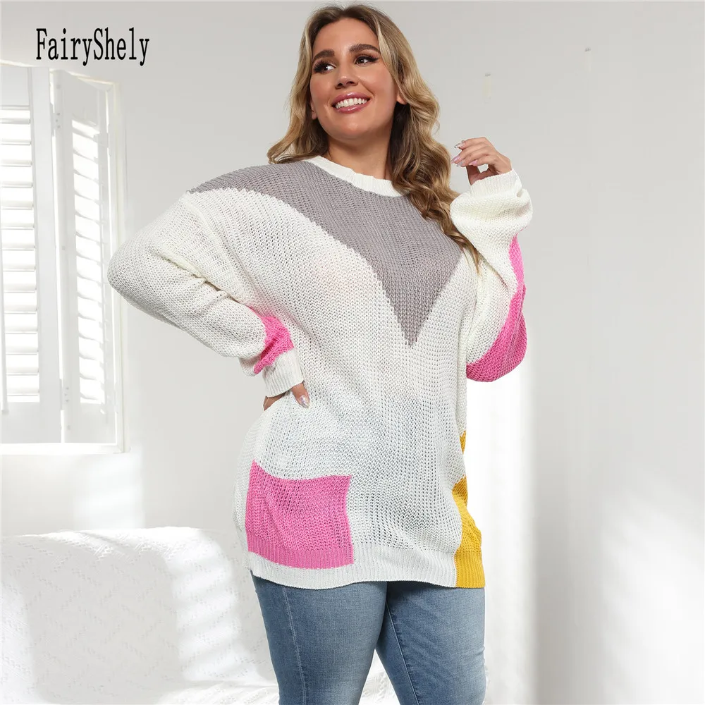 2024 Winter Patchwork Plus Size Sweater Women O-Neck Large Pullover Lady Casual Loose Oversize Jumper Big Jerseys Curvy Knitwear