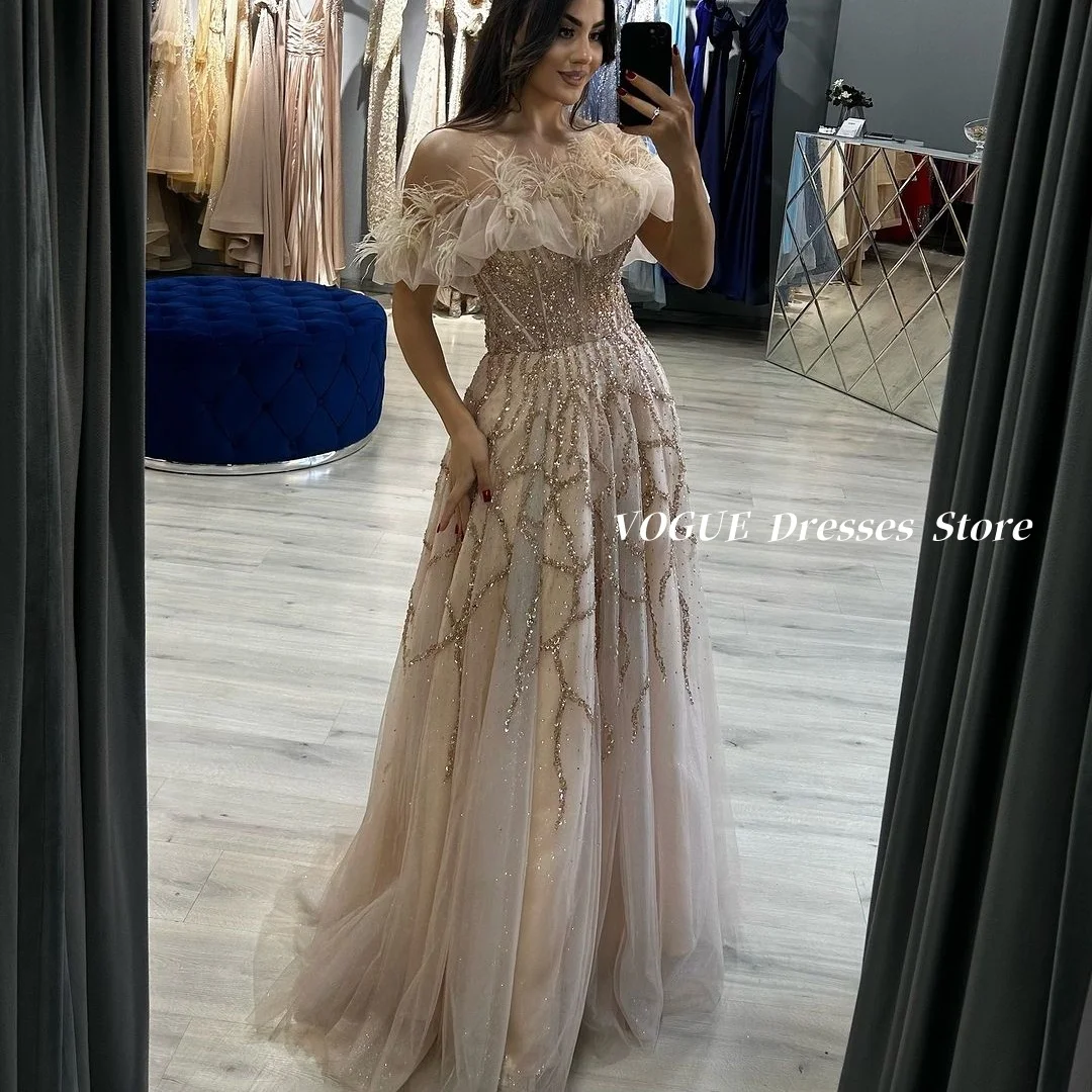 

Luxury Feather Beading Prom Dresses A Line Champagne Evening Dresses vestidos de gala فساتين للمناسبات الخاصة Customized