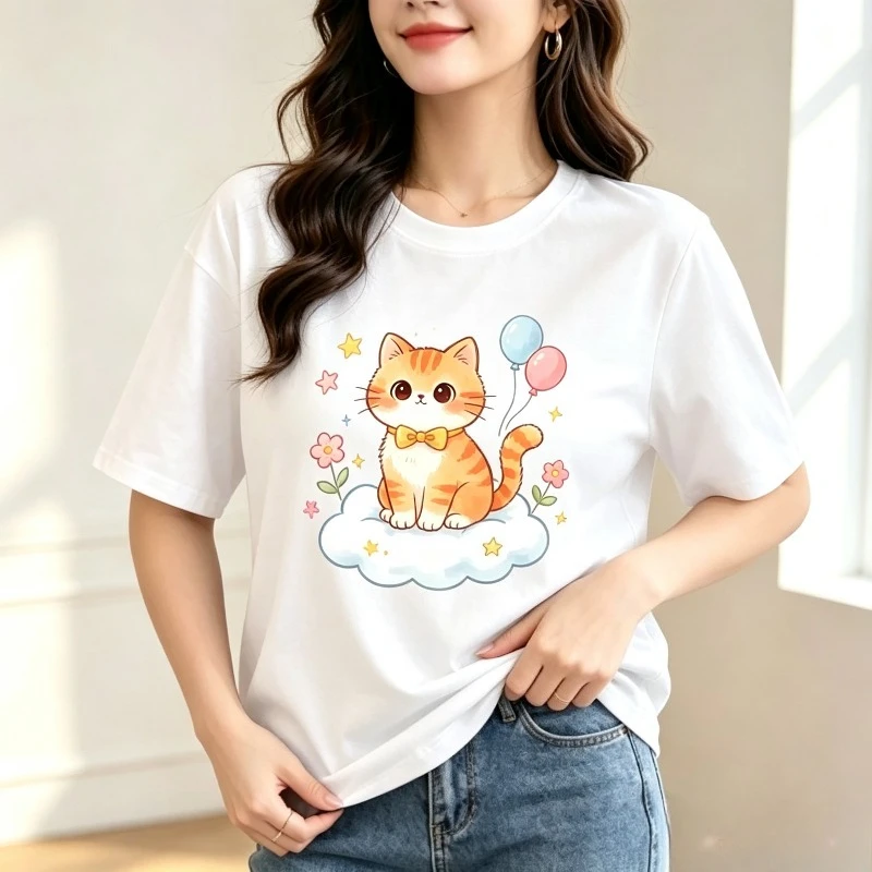 Orange Cat Cloud Balloon Women T Shirt Cute Animal Print Modal Fabric Casual Short Sleeve Tee Tops Birthday Gift for Her