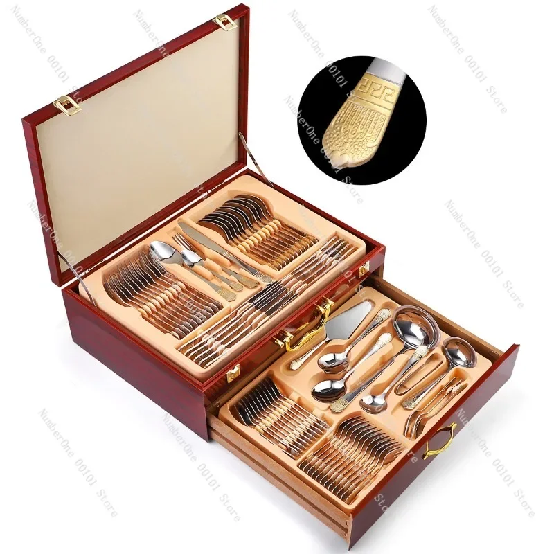 72-Piece tableware set | 84 gold-plated crown stainless steel knife, fork, spoon gift box
