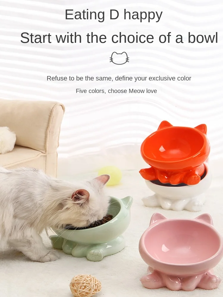 Cat Bowl Integrated Ceramic Diagonal High Feet Cute Protection Cervical Spine Dog Bowl Drinking Cat Bowl Against Black Chin