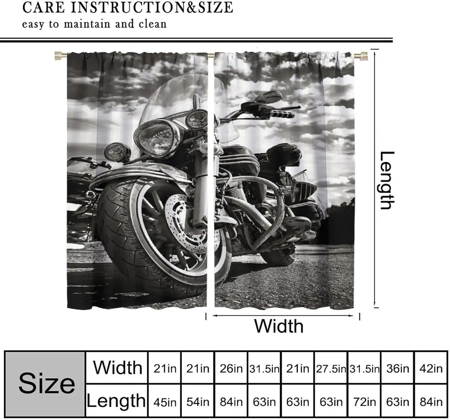 Motorbike Curtains for Man Cave, Vintage Wild Classic Motorcycle Extreme Sports Black White Decor Backdrop Window Treatments,