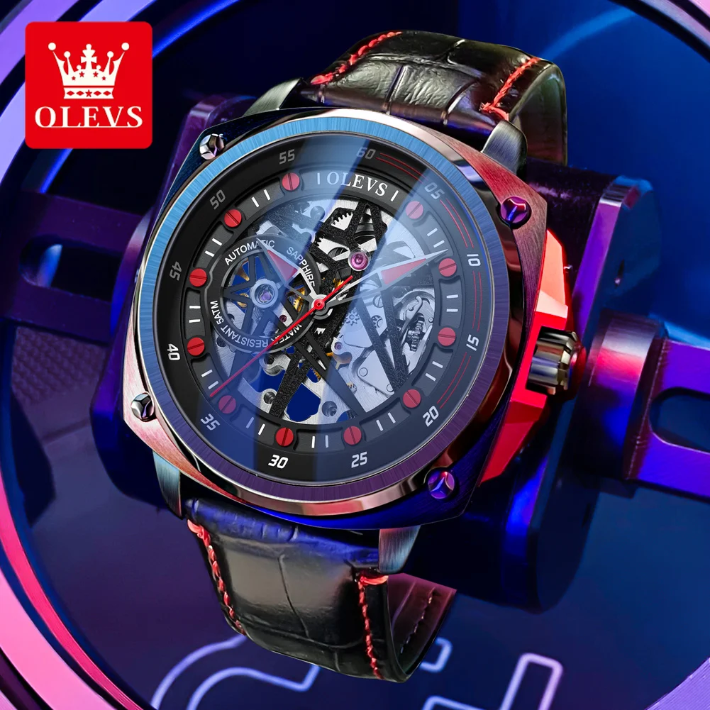 

OLEVS 6682 Deep Waterproof Mechanical Watch For Men 44mm Big Dial Hollow Skeleton Original Wristwatch Fashion Automatic Watches