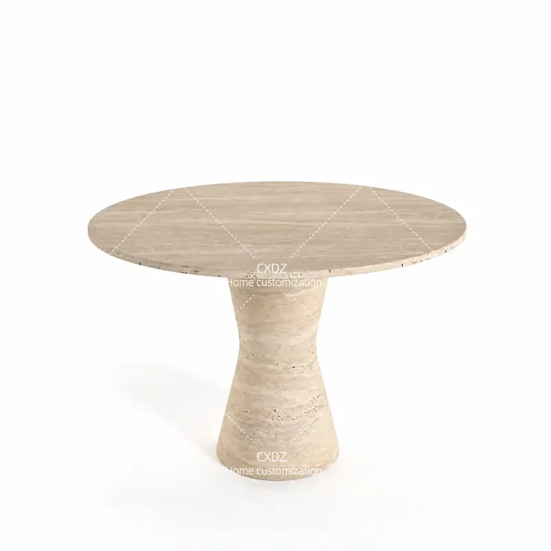 Natural Travertine Dining Table Round Minimalist Style for Villa Hotel Simple Model Room Furniture