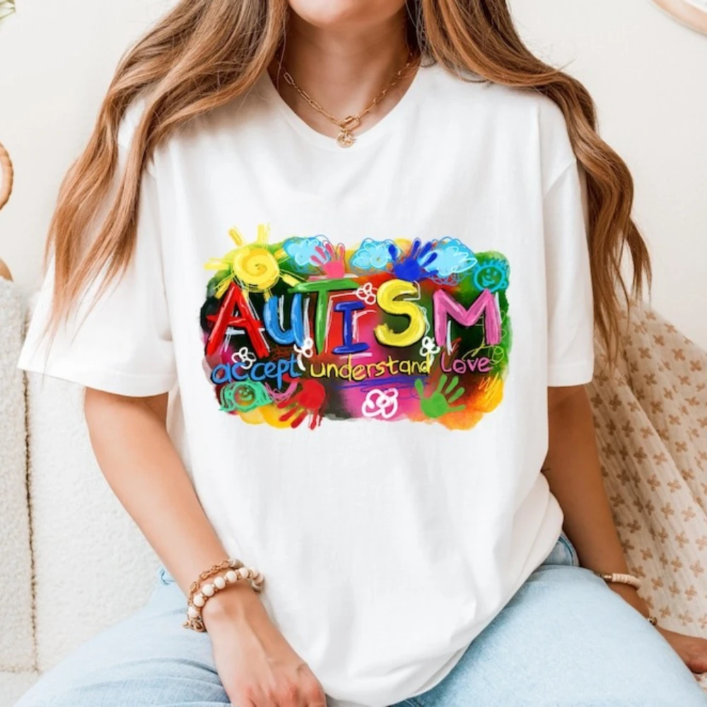

Autism Hand Paint Style Printed Accept Understand Love Tee Autism Awareness Month Tshirt Men Women Casual Crewneck Daily Life T