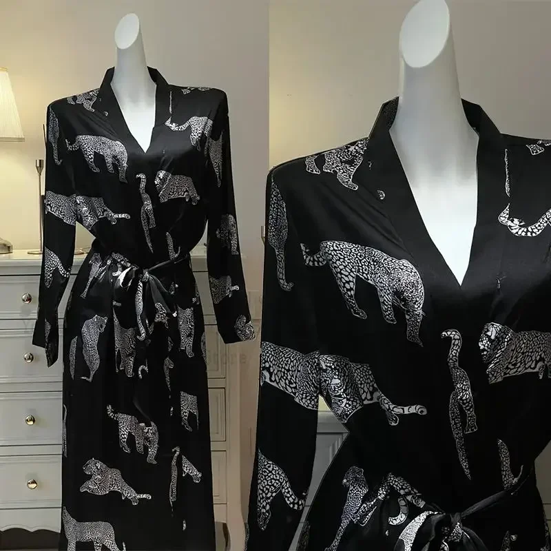 

Черный леопардовый халат, длинная одежда для сна, женская атласная ночная рубашка, сексуальное интимное белье, женская свободная одежда для дома, осенне-весенняя домашняя одежда