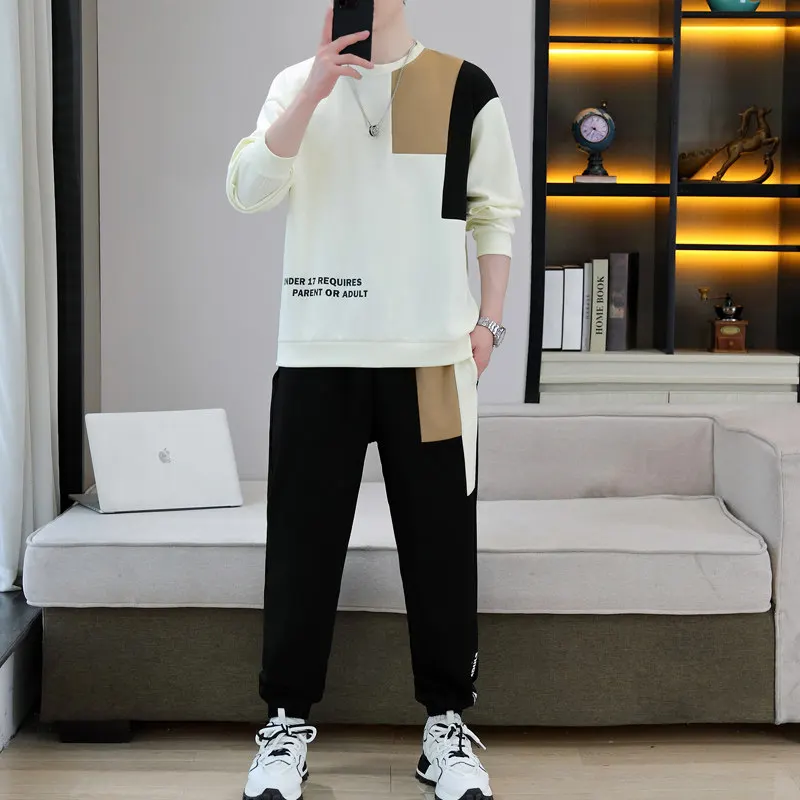 

Мужской спортивный костюм с круглым вырезом, модный цветной свитшот с длинными рукавами и длинные брюки, комплект из двух предметов, стильный осенний наряд