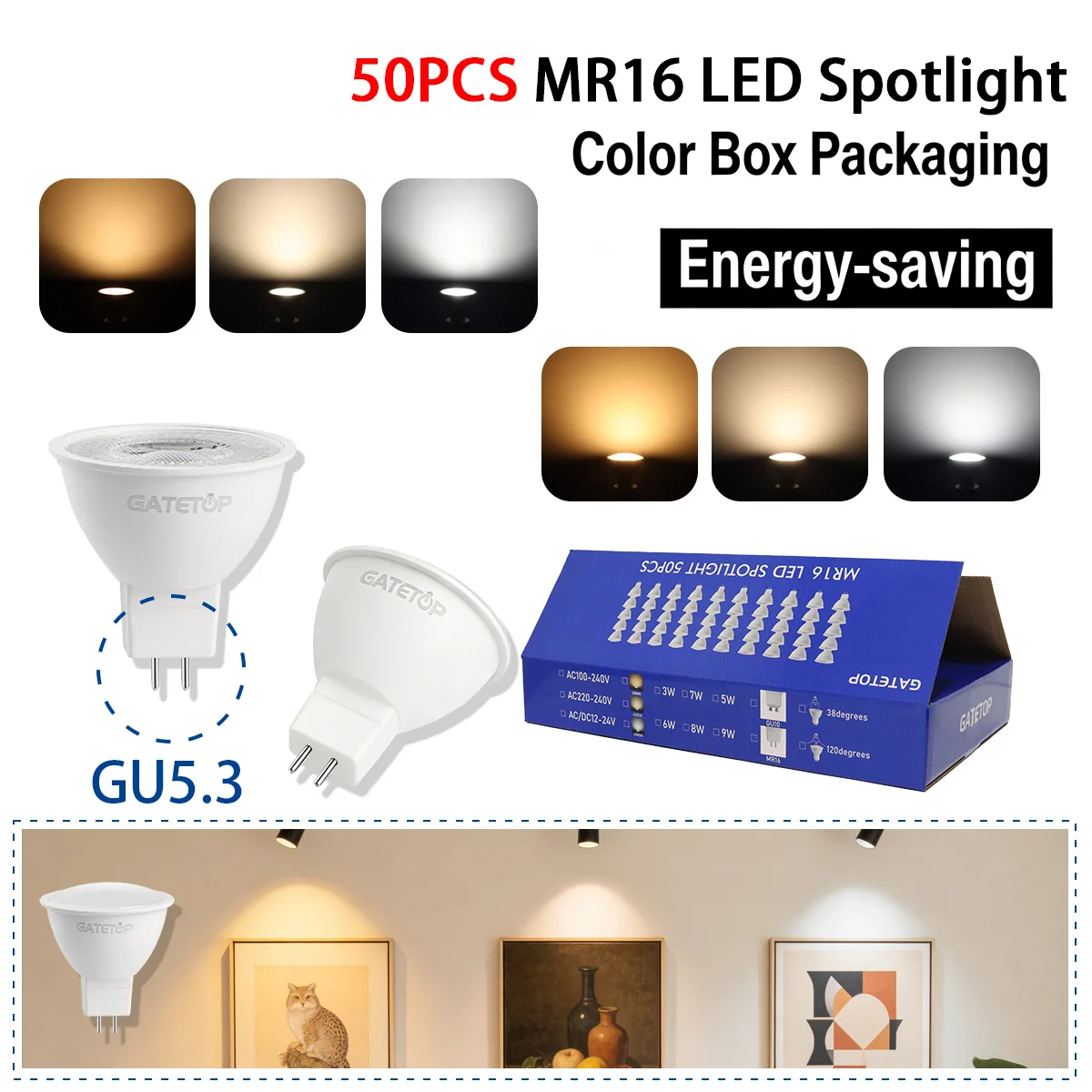 

50 шт. светодиодных ламп MR16 GU5.3, точечные светильники LED, 38-120 градусов, 3 Вт, 5 Вт, 6 Вт, 8 Вт, 220 В, для внутреннего освещения