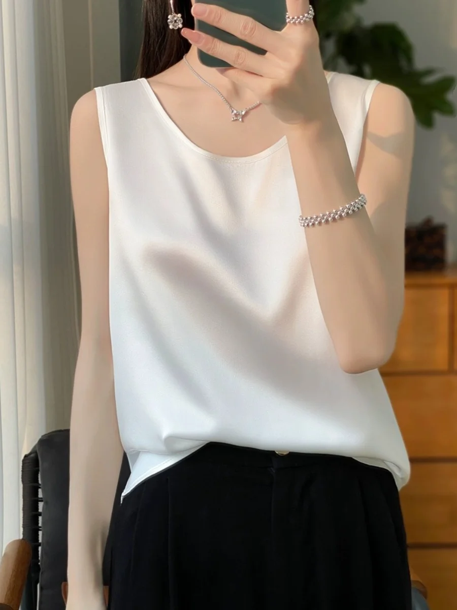Elegant Silk Satin round Neck Strap Vest Women's Top Asymmetrical Hemline Long Sleeve Pure Color Summer Fashion Item