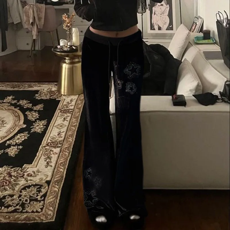 Women's Low Waist Pants Black Slight Flare Trousers Star Embellished Velvet Pants Drawstring Waist Wide Leg Flared Pants