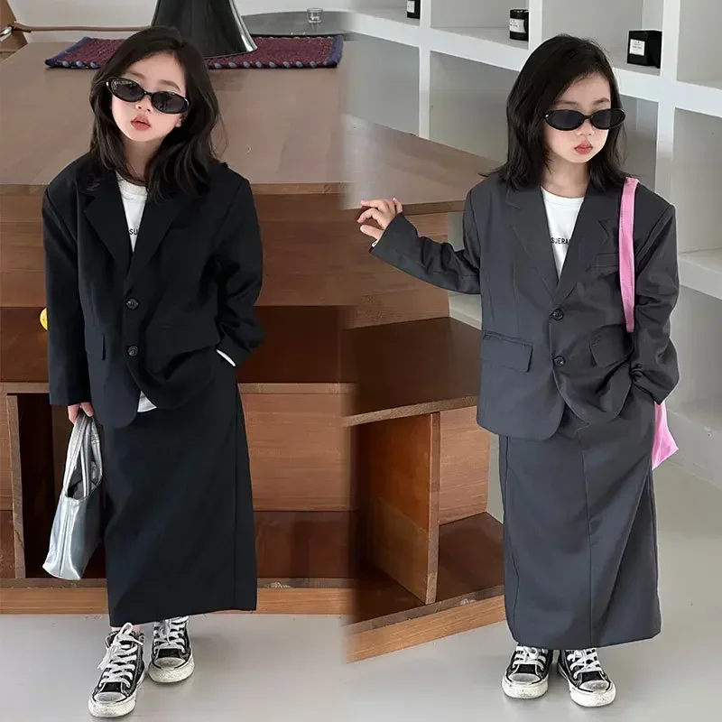 

Grey Loose Blazer Jackets Skirt Two Pieces Casual Kids Boutique Outfits 2-13 Years Flower Children Formal Costume Girls Suit Set