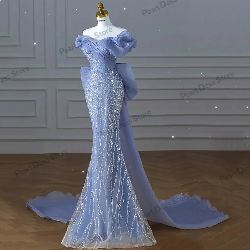 Robe de Rhplissée à sequins avec col oblique patchwork, haut précieux, bleu, perle, poignées de sirène, nœud amovible, robe de soirée de luxe