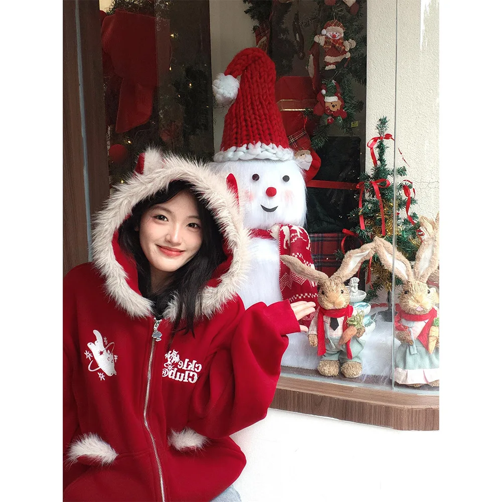 Cisas Aosphere Lazy Sle Printed Sweatirt Women's Slimming Warm Loose Long Hoodie Korean Version Couples Wear