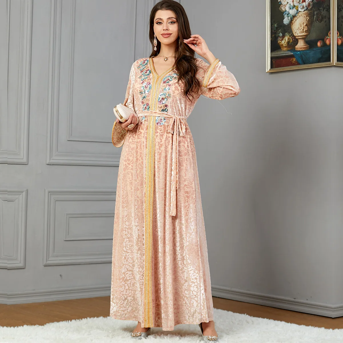 

Autumn Abaya Long Dress for Women Sequins Velvet Winter Muslim Evening Dresses Moroccan Caftan Dubai Turkish Kaftan Ramadan