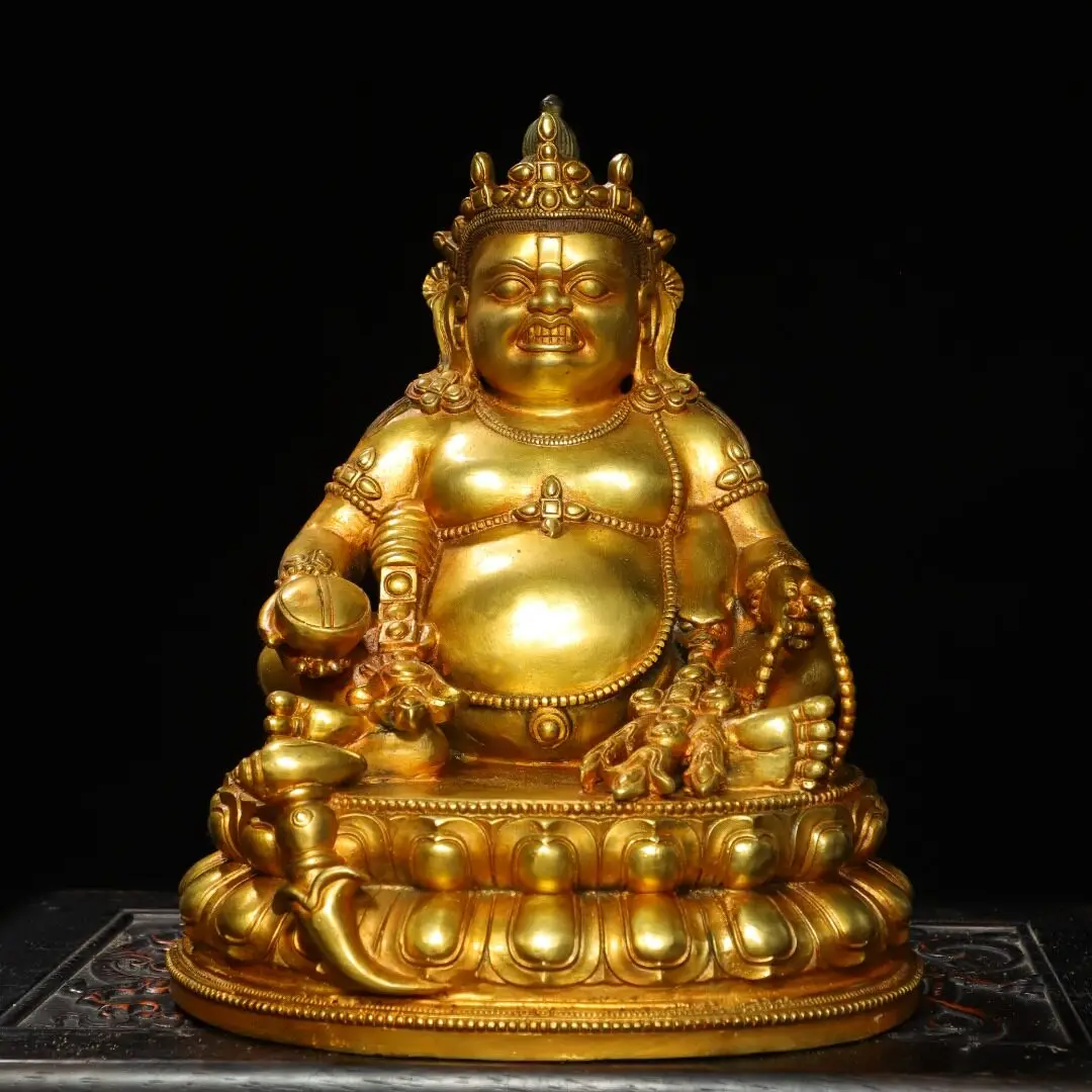 Antique Tibetan Brass Gold Plated Yellow Jambhala Statue Vintage Desktop Decor