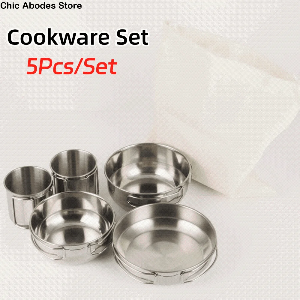 

5Pcs 304 Stainless Steel Camping Cookware Set Stackable with Storage Bag Portable Cooking Pot Foldable Handle Space Saving