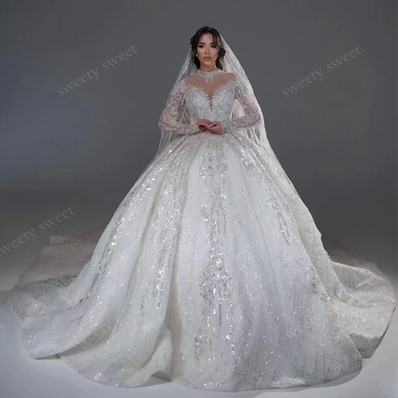 Luxuriöses Hochzeitskleid mit Pailletten und Perlen, Ballkleid mit hohem Kragen, langen Ärmeln, maßgeschneidertes Brautkleid, Spitze bestickt, Vestido De Novia
