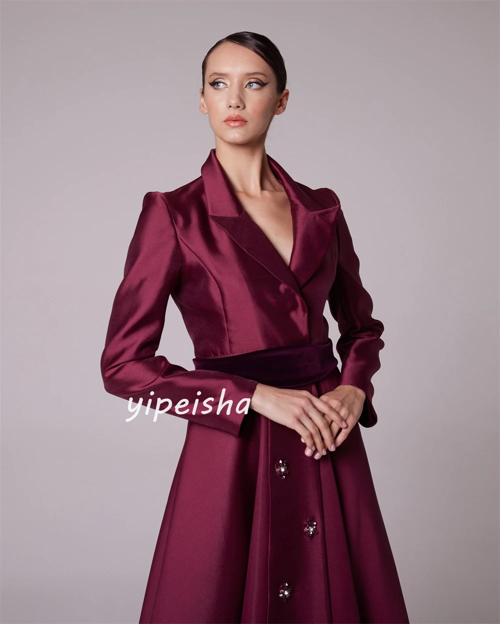 Robe mi-longue en satin à paillettes perlées froncées, robe trapèze à col en V, occasion sur mesure, jour de Léon